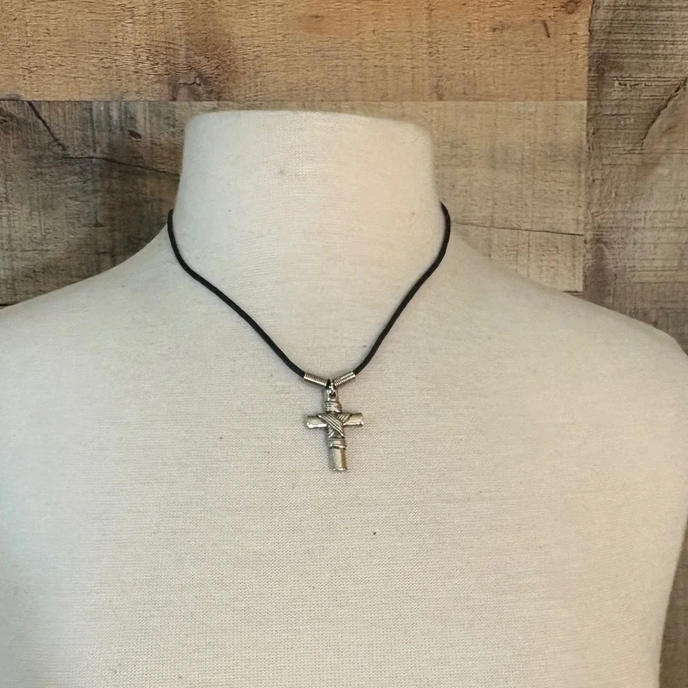 Silver Tone Wire Wrapped Cross Pendant Black Cord Necklace Industrial Biker